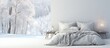 © Lasvu - Scandinavian illustration of a stylish white bedroom with a winter landscape in the window