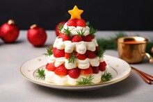 Christmas Tree Of Snacks. Food, Salads In The Shape Of A Christmas Tree. New Year's Concept.