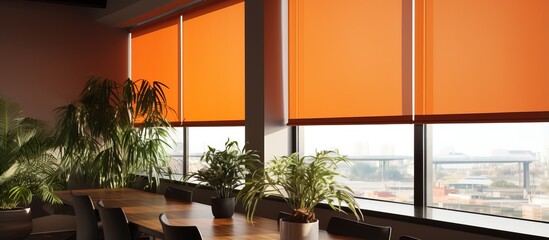 Wall Mural - Orange roller blinds covering the window