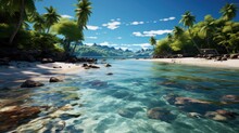 Coastal Paradise, Tropical Island With White Sand And Crystal Blue Sea Water