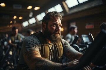 corulent man doing his routine with the stationary bike at the gym.