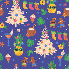 Seamless Christmas Pattern With Pineapples, Coconuts, Decorations And Fir Trees. Vector Graphics.