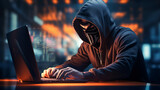 Fototapeta Konie - cybersecurity vulnerability and hacker, coding, malware concept. Hooded computer hacker in cybersecurity vulnerability on server room background.