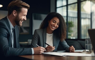 Mixed skin clients smiling signing a mortgage deal