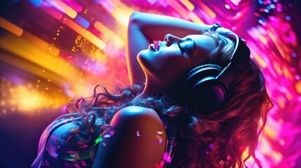 A bright multi-colored image of a woman wearing headphones in a nightclub. Modern pop music, female DJ.