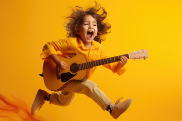 Canvas Print - Jumping child playing guitar and singing on a yellow background