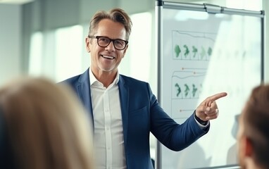 Confident mature coach or speaker pointing at flip chart and explaining something to people sitting in front of him in coworking space