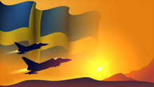 Fighter Jet Plane With Sweden Waving Flag Background Design With Sunset View Suitable For National Sweden Air Forces Day Event Vector Illustration