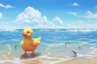 anime style background, a duck on the beach