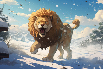 Wall Mural - anime style scenic background, a lion in the snow