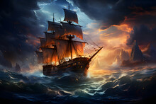 A Pirate Ship In The Ocean, A Storm And A Beautiful Fantasy Sky In The Background