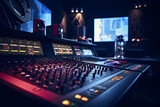 Fototapeta  - Modern interior of professional recording studio with music production equipment, sound mixing console, digital control panel for audio record industry