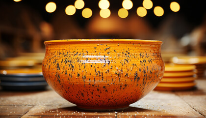 Canvas Print - Rustic pottery bowl on wooden table, filled with fresh flowers generated by AI