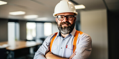 Wall Mural - Portrait of a Smiling Male Engineer in a white helmet in Office. Happy Man Builder, Architect, Manager in a hardhat. Men at work