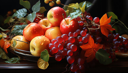 Poster - Freshness of autumn fruit, nature vibrant colors decorate the table generated by AI