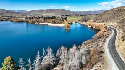 Wall Mural - Aerial image of Benmore lake at Sailors cutting in the South Island of New Zealand