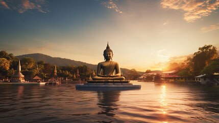 The large Buddha statue is surrounded by Phraya Nakharat. Three rivers can be seen at sunset.