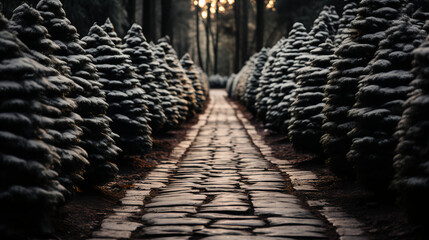 Wall Mural - Cobblestone path - mountain resort - trees - lights - Christmas - -holiday - design - festive decorations - low angle view - worm’s eye view