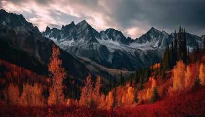 Poster - Majestic mountain peak rises above tranquil meadow in autumn landscape generated by AI