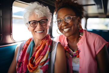 two happy senior retired mixed race women travelling on train together - Aged friends enjoying summer vacation