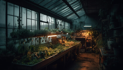 Sticker - Abandoned greenhouse in old factory, no people, nature growth absent generated by AI