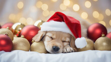 Cute Puppy Sleeping In A Knitted Santa Hat