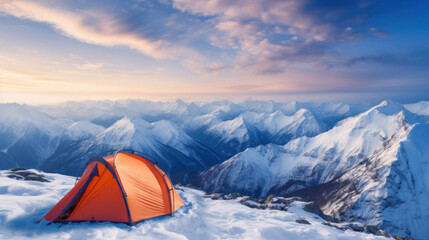 Wall Mural - Orange tent in the snow with mountains and sunset in the background