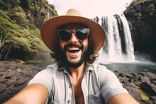 Handsome Tourist Visiting National Park Taking Selfie Picture In Front Of Waterfall - Traveling Life Style Concept With Happy Man Wearing Hat And Sunglasses Enjoying Freedom