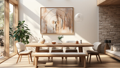 Wall Mural - Modern indoors, domestic room, table, wood, home interior, chair, flooring, decor, decoration generated by AI