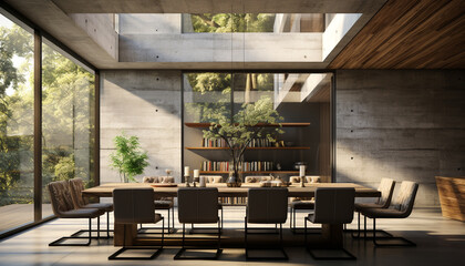 Wall Mural - Modern office with a wooden desk, glass window, and empty chair generated by AI