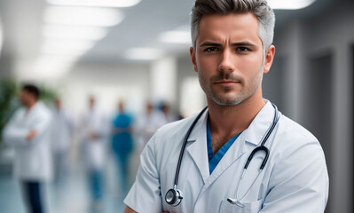 Doctor with crossed arms, white hair and serious in hospital.