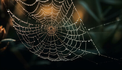 Canvas Print - Spooky spider spins wet web in dewy autumn forest meadow generated by AI