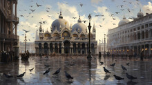 Plaza San Marco With Pigeons Gathered