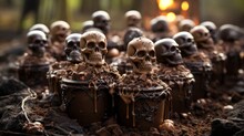 On A Bright And Sunny Day, An Outdoor Scene Is Decorated With A Unique Display Of Chocolate Cupcakes Topped With Spooky Skulls, Creating A Visually Striking Contrast Between Sweetness And The Macabre