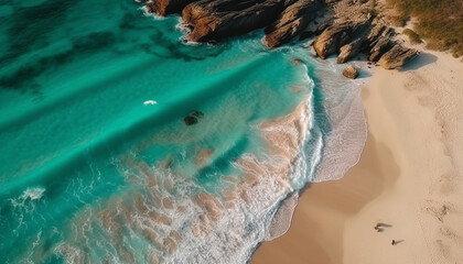 Sticker - Aerial view of turquoise waters, sandy beaches, and rocky cliffs generated by AI