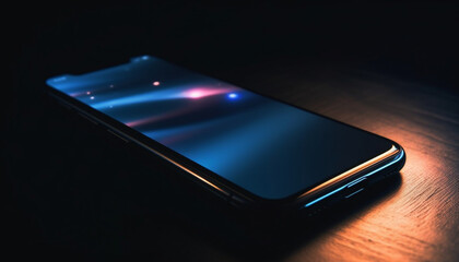 Canvas Print - Modern smart phone on dark table, illuminated by blue backlight generated by AI