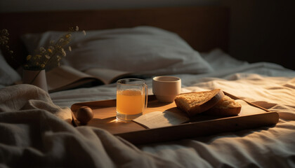 Sticker - Cozy hotel room offers comfortable relaxation with fresh croissant breakfast generated by AI