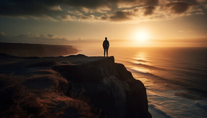 Canvas Print - One person standing on cliff, back lit by sunset generated by AI