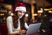 Happy Woman In Santa Hat Using Laptop In Cafe