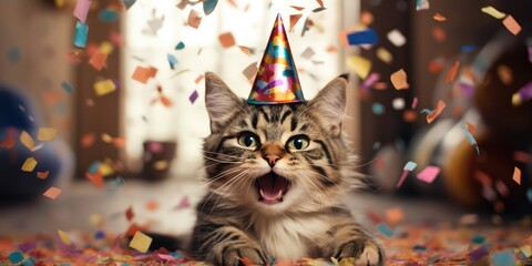 Happy cat in party celebrating birthday by falling confetti ,Generative AI.