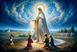 The Miracle of the Sun with the Fatima Children Praying the Holy Rosary with the Blessed Virgin Mary : Marian Apparition and Prophecy by Our Lady of Fatima in Portugal 1917.