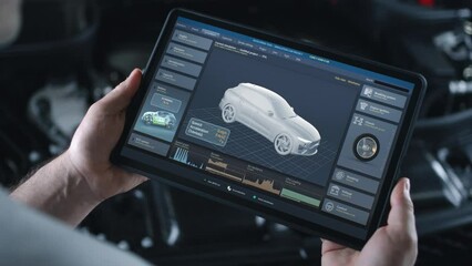Fototapete - Male technician holds digital tablet computer. Simulation of real-time car diagnostics and aerodynamics testing displayed on screen. 3D animation of software with 3D virtual electric vehicle model.