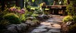 Landscaping concept Close up of path with stone slabs bark mulch and native plants