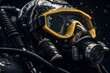 A detailed close-up of a gas mask attached to a scuba suit. This image can be used to illustrate concepts related to diving, underwater exploration, safety equipment, or hazardous environments.