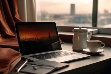 Poster - A laptop computer is placed on top of a desk, next to a cup of coffee. This image can be used to represent a modern workspace or technology in a professional setting.