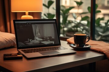 Poster - A laptop computer sits on top of a table next to a cup of coffee. This image can be used to represent productivity, remote work, or technology in various settings.