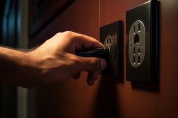 Poster - A hand holding a remote control is pictured on a wall. This image can be used to illustrate concepts related to technology, home entertainment, or remote control devices.