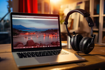 Poster - A laptop and headphones placed on a wooden table. Perfect for illustrating a productive work environment or a music streaming concept.