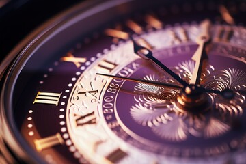 Poster - A detailed close up of a clock with classic roman numerals. Perfect for adding a timeless touch to any project or design.