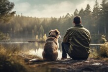 A Man And His Loyal Dog Enjoying The View While Sitting On A Rock Overlooking A Serene Lake. Perfect For Travel, Adventure, And Nature-themed Designs.
